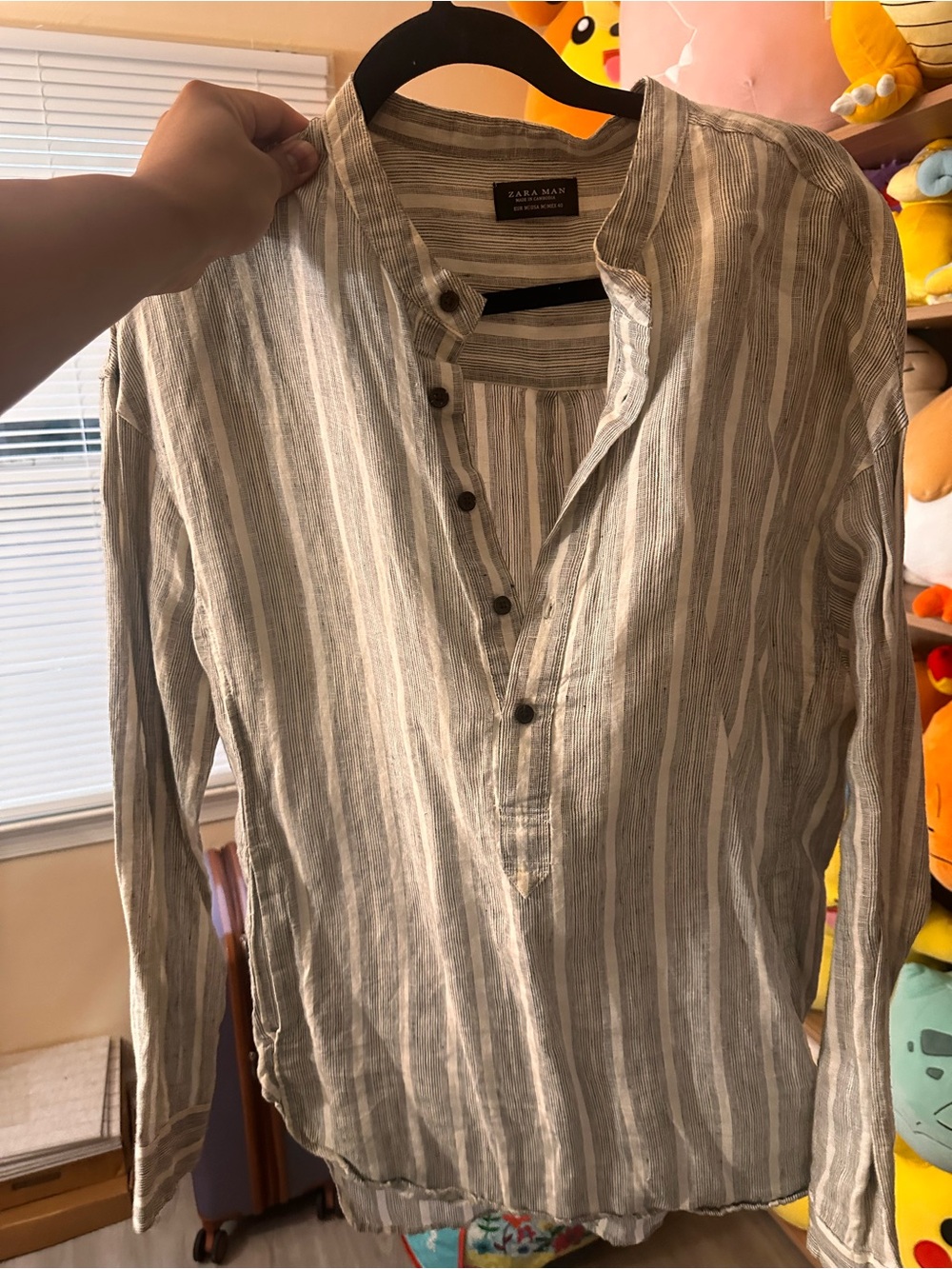 Zara Men Beige & White Vertical Stripe Linen Button-Front Shirt